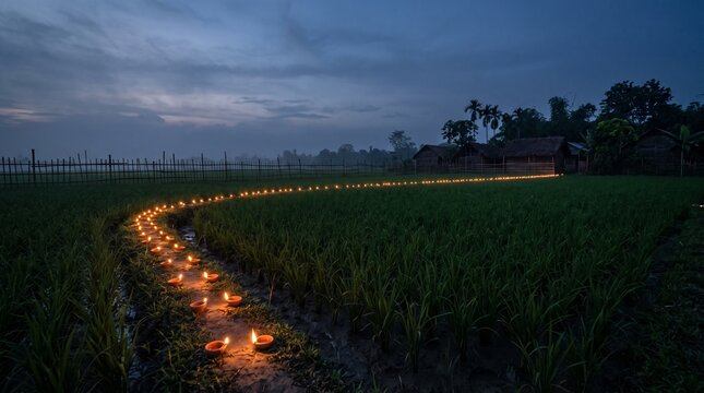 Kati Bihu evening agricultural festival scene with glowing earthen lamps beside a peaceful rice field