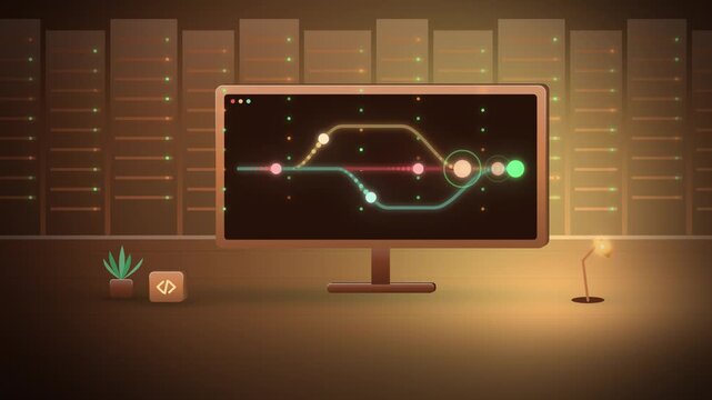 Orange glowing code branches merging into one AI room scene assembling