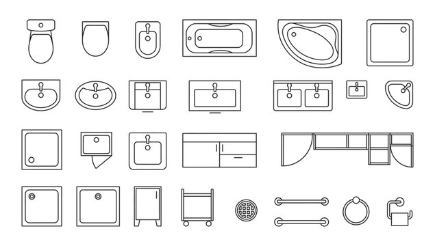 Top view bathroom fixtures schematic symbols vector set. Thin line restroom icons of toilet, sink, shower, bathtub and accessories for CAD plans, bathroom layout and interior design