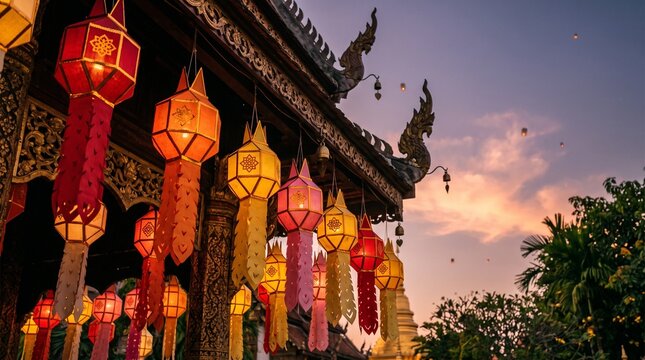Yi Peng festival, colorful traditional Thai paper lanterns khom fai with intricate geometric patterns hanging from a wooden temple eaves