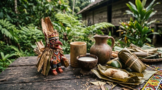 Traditional Hudoq Festival Preparation with Small Handcrafted Mask Figure, Dayak Rice Wine Tuak, and Leaf Wrapped Food Offerings in East Kalimantan