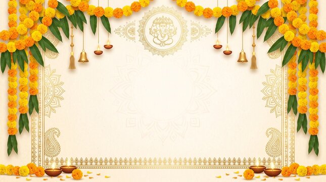 Pancha Ganapati Festival Background with Clean Frame of Yellow Marigold Flowers and Elegant Golden Abstract Geometric Patterns for Hindu Celebration
