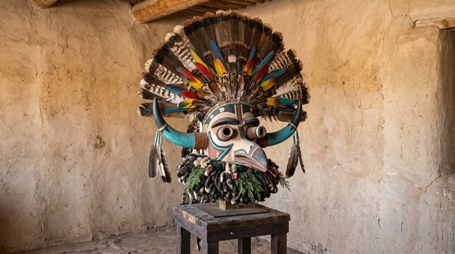 Traditional Zuni Shalako Ceremonial Mask with Colorful Feather Adornments on a Rustic Display Stand, Authentic Native American Tribal Art
