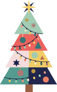 Cute Colorful Patchwork Christmas Tree with String Lights and Star Topper