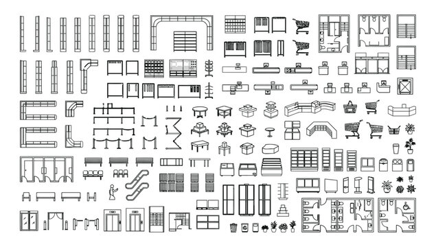 Retail store layout CAD blocks vector set, supermarket shelving, checkout counters, shopping carts, display racks, queue barriers and restroom plans for commercial interior design and floor planning