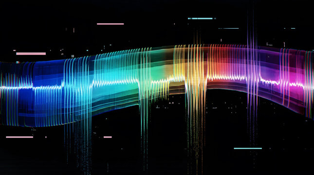 Colorful digital sound wave visualization with glowing spectrum lines on a dark black background