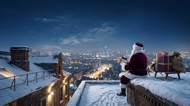 Santa Claus preparing gifts sleigh chimney snowy cityscape for