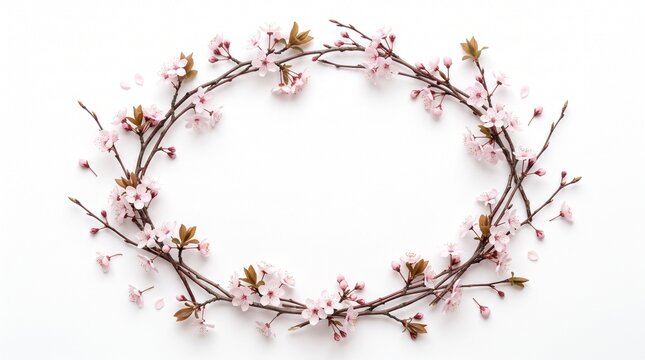 Cherry blossom wreath on white background, spring floral frame with pink sakura flowers, elegant botanical border for wedding invitation