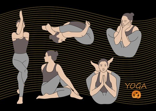 Five female figures in diverse yoga poses (sometimes referred to as pretzel poses), illustrated in a clean, minimalist style against a dark background with subtle yellow wavy lines. 