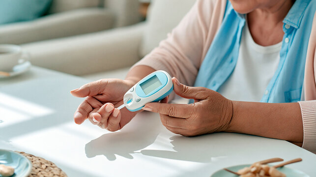 Senior woman checking blood sugar with a glucose meter at home, monitoring diabetes and managing her health through regular testing