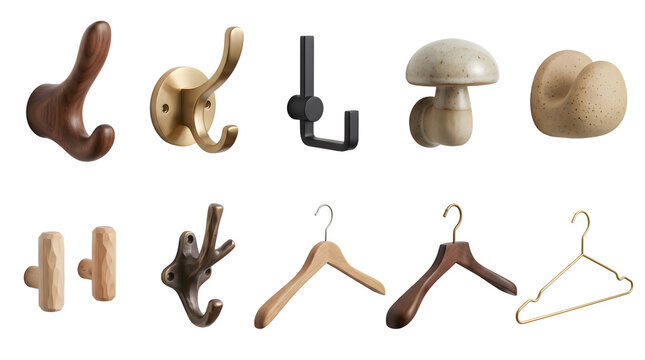Set of modern wooden coat hooks and hangers isolated on transparent background