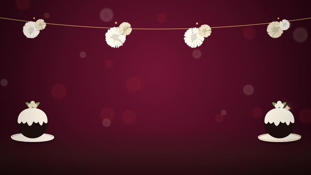 Christmas greeting scene with christmas puddings reveal wide scene