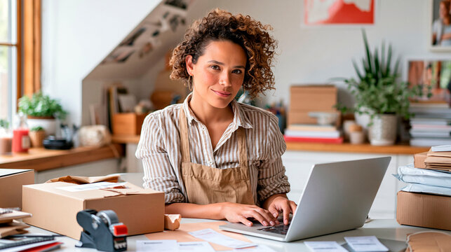 Female small business owner working on a laptop with shipping boxes and packages at home, managing ecommerce orders and online sales