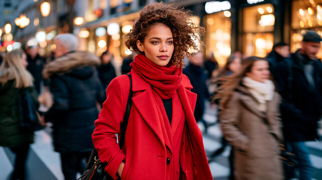Stylish woman in a red coat and scarf walking through a busy city street among blurred pedestrians during the winter shopping season