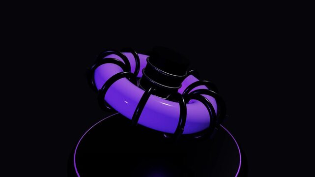 High-end 3D motion graphic featuring a magnetic toroidal tokamak cryptex chamber compressing quantum plasma with rotating poloidal coils.