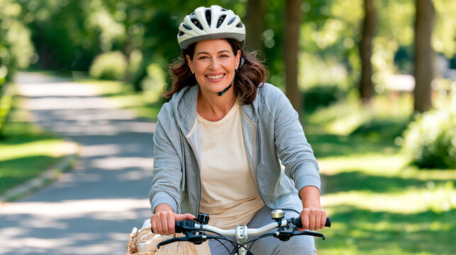Smiling mature woman riding a bicycle in a green park, wearing a helmet and enjoying an active healthy outdoor lifestyle