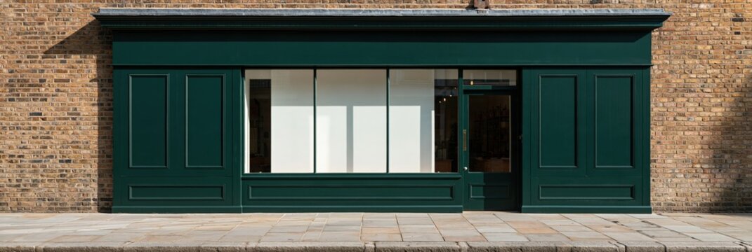 Long dark green retail facade with wide display windows and recessed entrance for shopfront background and signage mockup for retail design and window styling