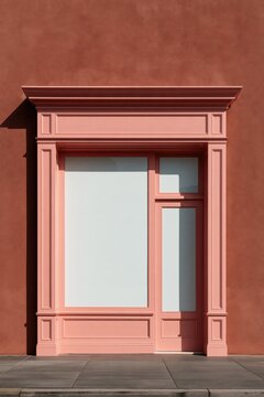 Pink storefront facade with large display window and single door for minimalist shopfront background and banner design