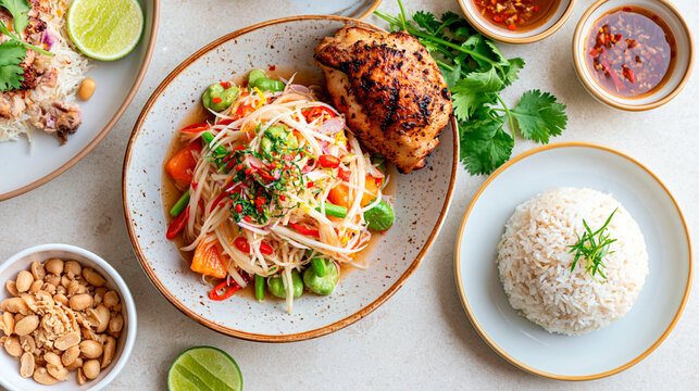 Thai papaya salad with grilled chicken, jasmine rice, peanuts, lime and spicy chili sauce served as a colorful asian meal