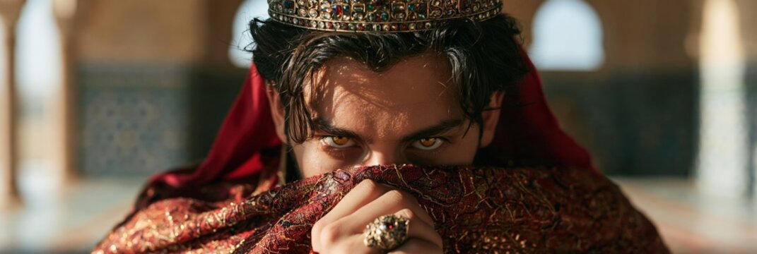 Dramatic closeup of a regal man hiding his face with embroidered textile and crown for cinematic banner and poster background