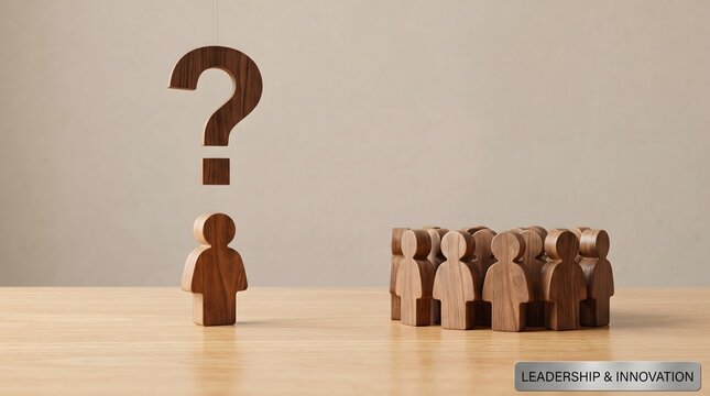 Wooden figure beneath a question mark facing a group, symbolizing leadership, innovation, and strategic thinking