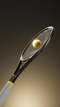 Loop Yellow tennis ball caught in racket strings with dramatic warm rim lighting and diagonal studio close-up as racket tilts against dark background with warm rim lighting