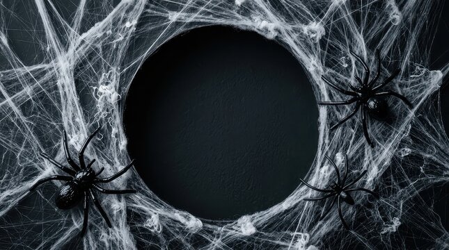 Spooky Halloween frame with black spiders and white cobwebs on dark background, top view with copy space