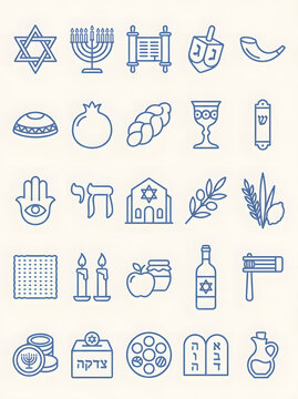 Jewish holiday icons featuring menorah dreidel wine glass and prayer