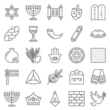Jewish holiday icons featuring menorah dreidel Torah and Star of