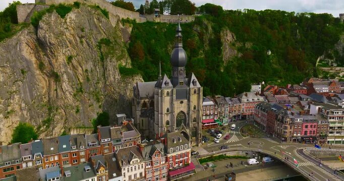Aerial view of the beautiful, picturesque town of Dinant in Belgium, situated on the Meuse River between two cliffs