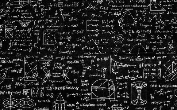 Wide black board with scientific formulas and calculations in physics and mathematics. Scientific and educational background.
