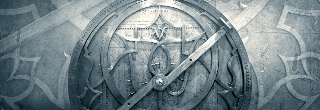 Ancient astronomical instruments on old background. Abstract old conceptual background on history, mysticism, astrology, science, etc. Retro style.