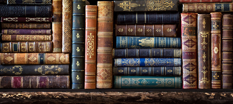 Old books on wooden shelf. Many of beautiful  book covers, skins. Bookshelf history theme grunge background. Concept on the theme of history.