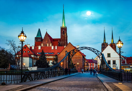 Panoramic view of Tumski Bridge and Cathedral  in Wroclaw. Evening view. Wroclaw, Poland.