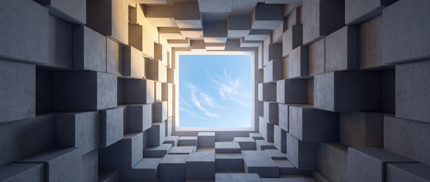 Concrete skylight framed by modular geometric blocks opens toward a bright blue sky, revealing textured brutalist architecture for modern editorial and conceptual design