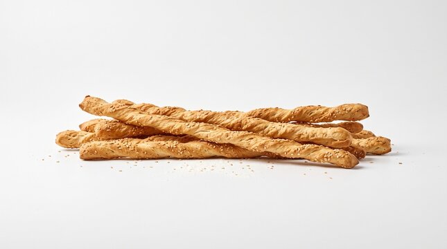 Crispy golden breadsticks with sesame seeds piled in a small stack
