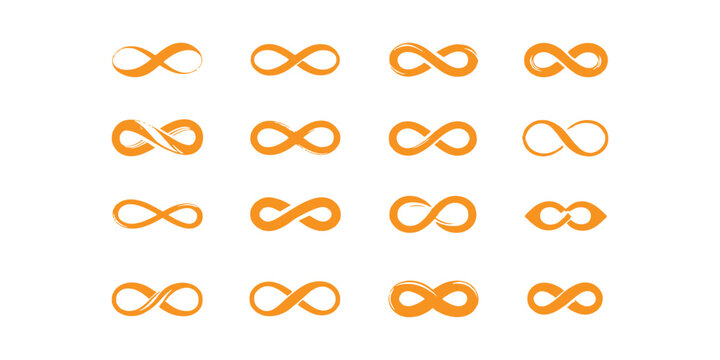 Orange infinity symbol set with various loop shapes and brush strokes vector illustration.