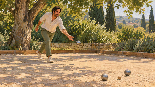 Gouache illustration of boules on a shaded gravel court