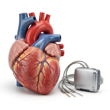 Heart model with pacemaker device isolated on white background