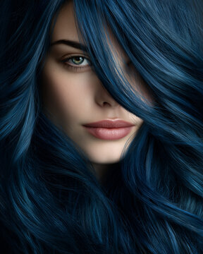 Young woman with long wavy blue hair covering one eye in closeup