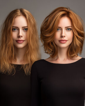 Two redhead women with frizzy and styled hair on gray background