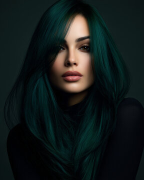 Young woman with voluminous dark teal hair on black background