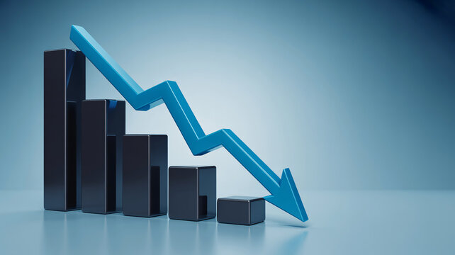 Business graph featuring glossy dark pillars and a vibrant blue arrow pointing downward illustrating economic recession financial decline losses market crash and negative growth against a clean studio