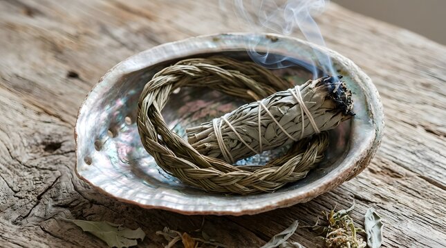 Smudging kit featuring burning white sage bundle resting inside iridescent abalon shell upon rustic wooden surface