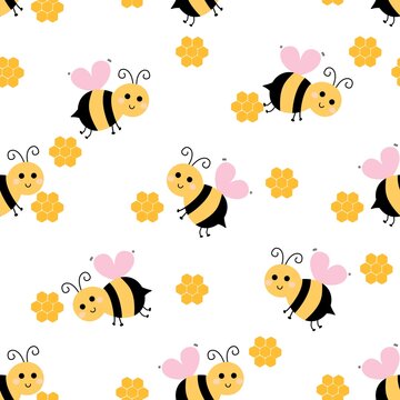 Cute Bee with Honeycomb Seamless Pattern Vector Illustration