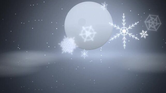 Silver snowflake in front of a big moon full scene assembling