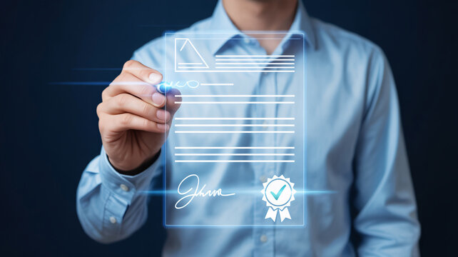 Professional businessman using modern electronic stylus to sign important digital contract document on glowing holographic touchscreen interface inside futuristic office environment featuring soft blu