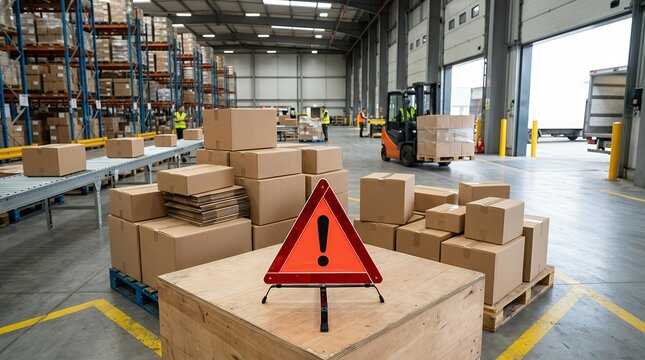 Red hazard warning triangle symbol standing near pilestacked parcel cardboard boxes on podium platform for delivery shipping safety caution distribution and supply chain risk concept