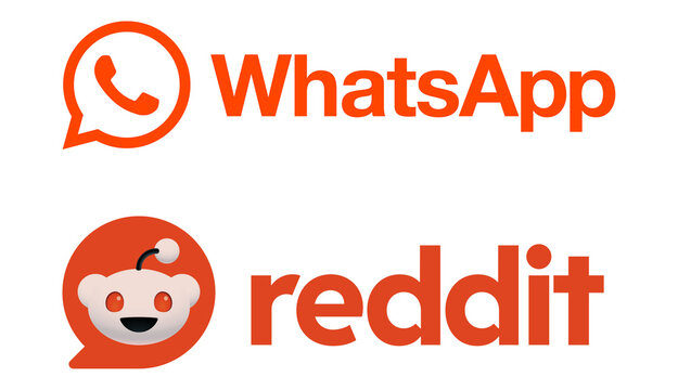 Whatsapp and reddit logos representing messaging communication and online community platforms.