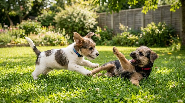 Cheerful playful small furry terrier puppy dogs jumping and wrestling together playing happily on lush green grass lawn garden outdoors in bright sunny day cheerful young domestic pets fauna puppies